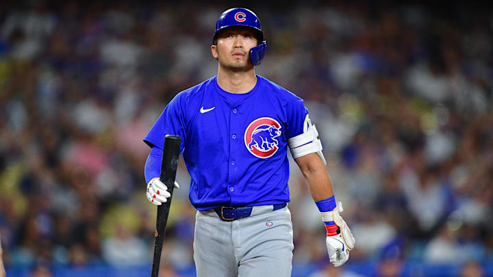 Sep 9, 2024; Los Angeles, California, USA; Chicago Cubs designated hitter Seiya Suzuki (27) reacts after striking out against the Los Angeles Dodgers during the fifth inning at Dodger Stadium. Mandatory Credit: Gary A. Vasquez-Imagn Images