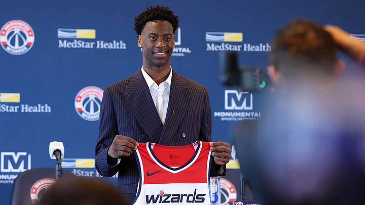 Jun 25, 2026; Washington, DC, USA; Washington Wizards first round draft pick and number one overall pick AJ Dybantsa poses for a photo with his jersey during a press conference at InterContinental Hotel. Mandatory Credit: Amber Searls-Imagn Images Jun 25, 2026; Washington, DC, USA; Washington Wizards first round draft pick and number one overall pick AJ Dybantsa poses for a photo with his jersey during a press conference at InterContinental Hotel. Mandatory Credit: Amber Searls-Imagn Images