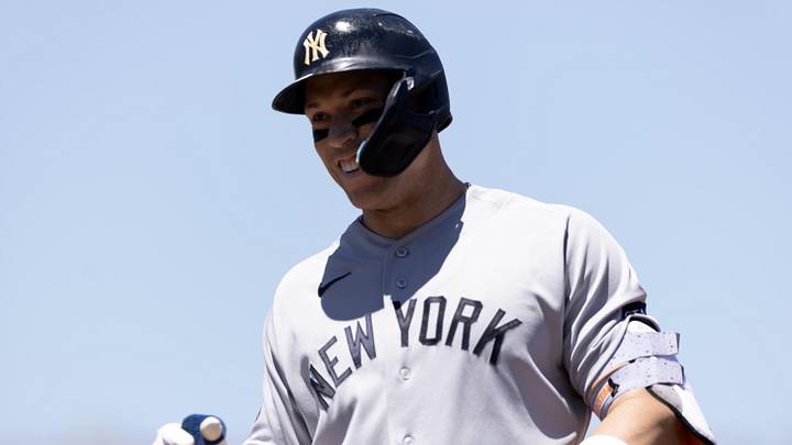 May 31, 2026; West Sacramento, California, USA; New York Yankees right fielder Aaron Judge (99) smiles back at his teammates after his bloop hit fell between two Athletics fielders during the third inning at Sutter Health Park. Mandatory Credit: D. Ross Cameron-Imagn Images