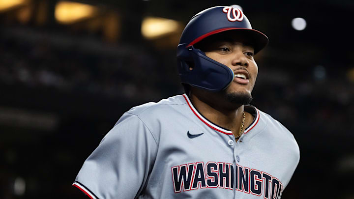 May 30, 2025; Phoenix, Arizona, USA; Washington Nationals outfielder James Wood celebrates after hitting a solo home run in the third inning against the Arizona Diamondbacks at Chase Field. May 30, 2025; Phoenix, Arizona, USA; Washington Nationals outfielder James Wood celebrates after hitting a solo home run in the third inning against the Arizona Diamondbacks at Chase Field.