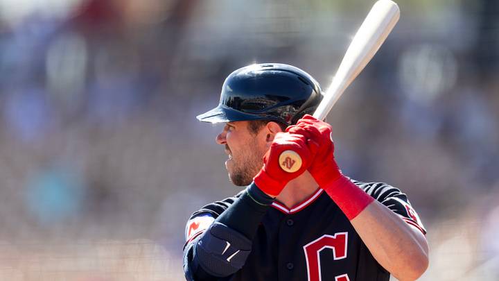 Feb 24, 2026: Cleveland Guardians outfielder Nolan Jones against the Los Angeles Dodgers during a spring training game at Camelback Ranch-Glendale. Credit: Mark J. Rebilas-Imagn Images