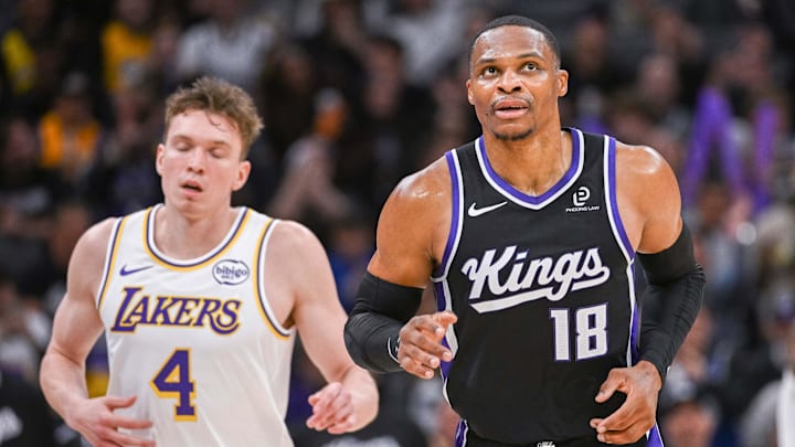 Oct 26, 2025; Sacramento, California, USA; Sacramento Kings guard Russell Westbrook (18) and Los Angeles Lakers forward Dalton Knecht (4) look on during the second quarter at Golden 1 Center. Mandatory Credit: Ed Szczepanski-Imagn Images Oct 26, 2025; Sacramento, California, USA; Sacramento Kings guard Russell Westbrook (18) and Los Angeles Lakers forward Dalton Knecht (4) look on during the second quarter at Golden 1 Center. Mandatory Credit: Ed Szczepanski-Imagn Images