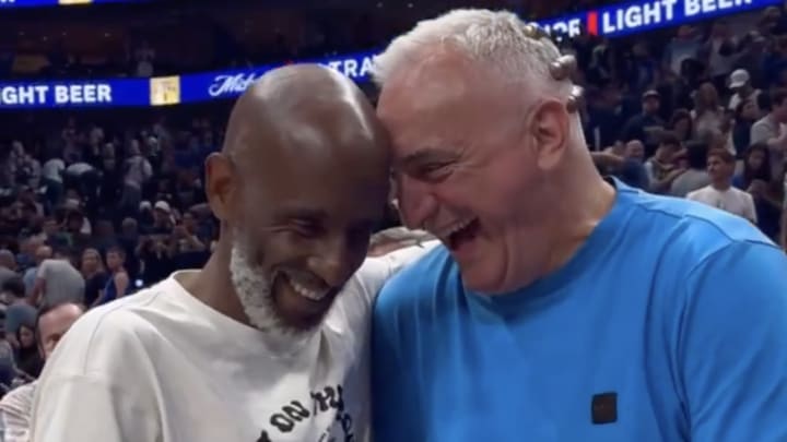 Luka Dončić and Kyrie Irving's dads embraced following the Dallas Mavericks' Game 4 win.