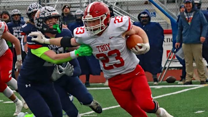 Brendan Gilliland (23) rushed for 143 yards and two touchdowns in Troy's 25-24 win over Central Clarion on Friday in the PIAA Class AA championship game in Mechanicsburg.