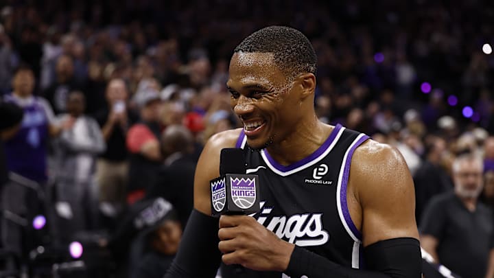 Oct 24, 2025; Sacramento, California, USA; Sacramento Kings guard Russell Westbrook (18) smiles during an interview after the game against the Utah Jazz at Golden 1 Center. Mandatory Credit: Kelley L Cox-Imagn Images Oct 24, 2025; Sacramento, California, USA; Sacramento Kings guard Russell Westbrook (18) smiles during an interview after the game against the Utah Jazz at Golden 1 Center. Mandatory Credit: Kelley L Cox-Imagn Images