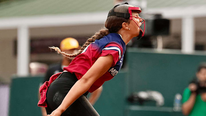 Reagan Bills (8) of the Mid-Atlantic Region team gives her signature stomp after a strikeout. Bills was crucial for Team Pennsylvania in their tournament success.