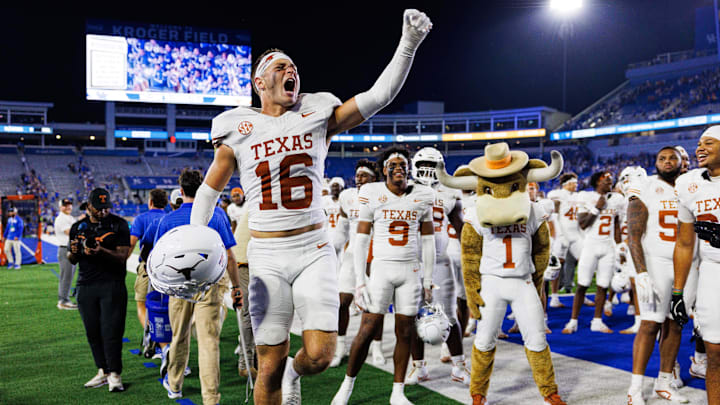 Texas Longhorns defensive back Michael Taaffe (16) celebrates after the game against the Kentucky Wildcats at Kroger Field. 