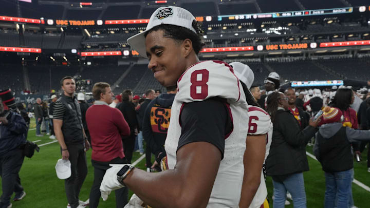 Dec 27, 2024; Las Vegas, NV, USA; Southern California Trojans wide receiver Ja'Kobi Lane (8) reacts after the game against the Texas A&M Aggies at Allegiant Stadium. Mandatory Credit: Kirby Lee-Imagn Images