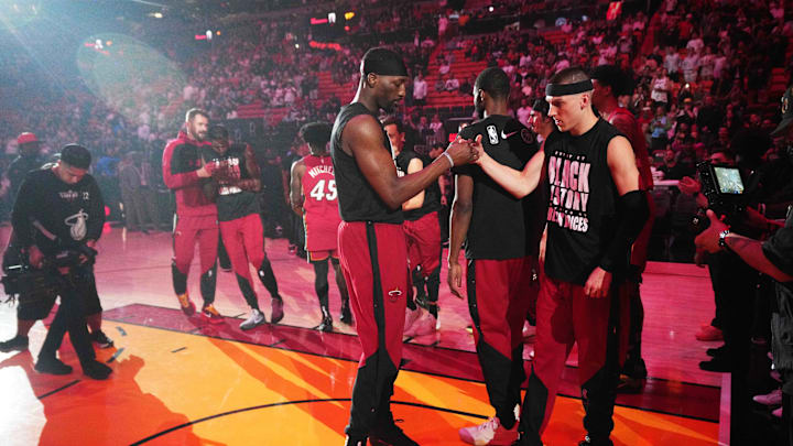 Feb 26, 2025; Miami, Florida, USA; Miami Heat center Bam Adebayo, left, and guard Tyler Herro (14) greet each other during team introductions before the game against the Atlanta Hawks at Kaseya Center. Mandatory Credit: Jim Rassol-Imagn Images Feb 26, 2025; Miami, Florida, USA; Miami Heat center Bam Adebayo, left, and guard Tyler Herro (14) greet each other during team introductions before the game against the Atlanta Hawks at Kaseya Center. Mandatory Credit: Jim Rassol-Imagn Images