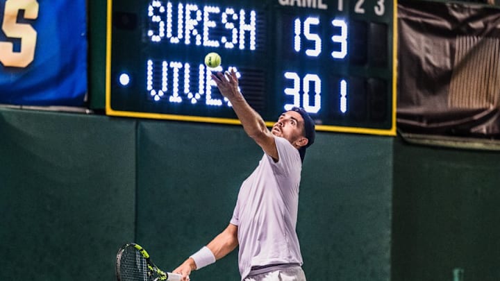 TCU's Pedro Vives serves during his finals match on Sunday night. He was tied 3-3 in the 3rd set before giving up the break, which allowed Wake Forest to win the national championship a few games later. TCU's Pedro Vives serves during his finals match on Sunday night. He was tied 3-3 in the 3rd set before giving up the break, which allowed Wake Forest to win the national championship a few games later.