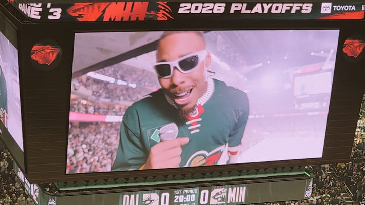 Justin Jefferson hyped up the Minnesota Wild fans at Grand Casino Arean before Game 3 on Wednesday. 