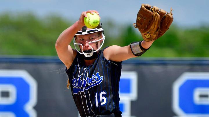 Sartell softball junior Marni Koosmann pitches to a Willmar battter May 14, 2025 during a game at Sartell High School. The Sabres came back in the eighth inning and won 6-5.