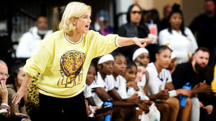 LSU women's basketball coach, Kim Mulkey, during their game against Grambling Sunday afternoon, December 8, 2024, at the Brookshire Grocery Arena in Bossier City.
