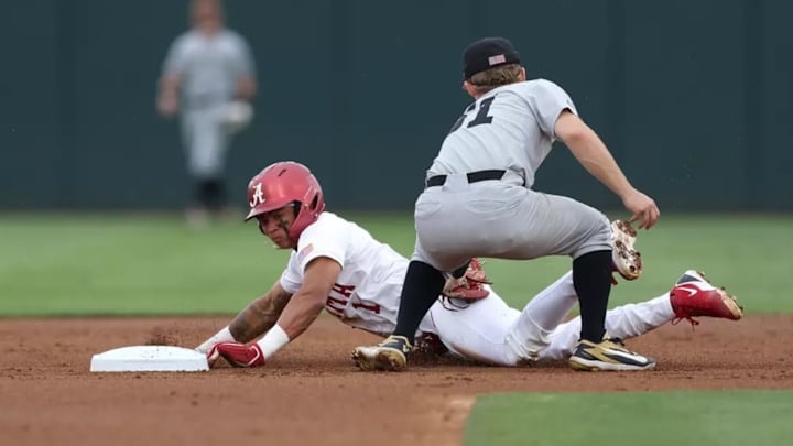 Alabama Baseball Player Justin Lebron (1) in action against Vanderbilt at Sewell-Thomas Stadium in Tuscaloosa, AL on Thursday, Apr 30, 2026.