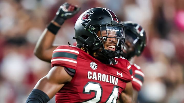 Aug 31, 2024; Columbia, South Carolina, USA; South Carolina Gamecocks defensive back Jalon Kilgore (24) celebrates after a fumble recovery against the Old Dominion Monarchs in the second half at Williams-Brice Stadium. 