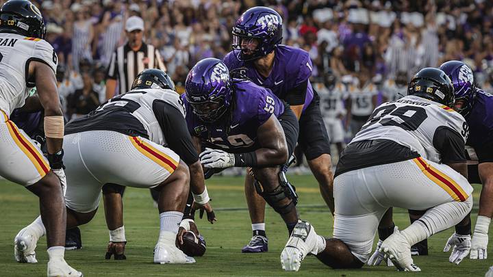 TCU’s offense lines up against Grambling State at Amon G. Carter Stadium during the Horned Frogs’ 63–7 victory. TCU’s offense lines up against Grambling State at Amon G. Carter Stadium during the Horned Frogs’ 63–7 victory.