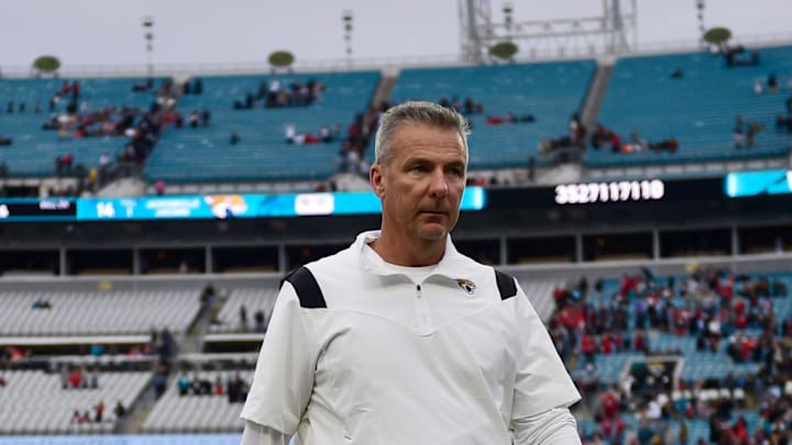 Jacksonville Jaguars head coach Urban Meyer walks off the field after the game Sunday, Nov. 28, 2021 at TIAA Bank Field in Jacksonville. The Jaguars hosted the Falcons during a regular season NFL matchup. Atlanta defeated Jacksonville 21-14.