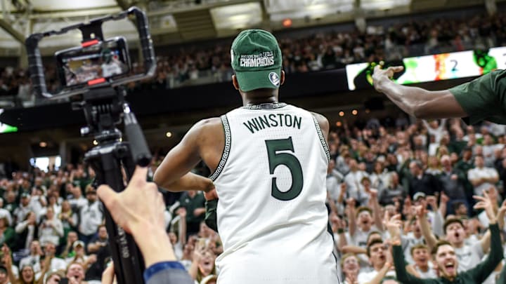 Michigan State's Cassius Winston celebrates after beating Ohio State on Sunday, March 8, 2020, at the Breslin Center in East Lansing. The Spartans won a share of the Big Ten Championship.

200308 Msu Osu 252a