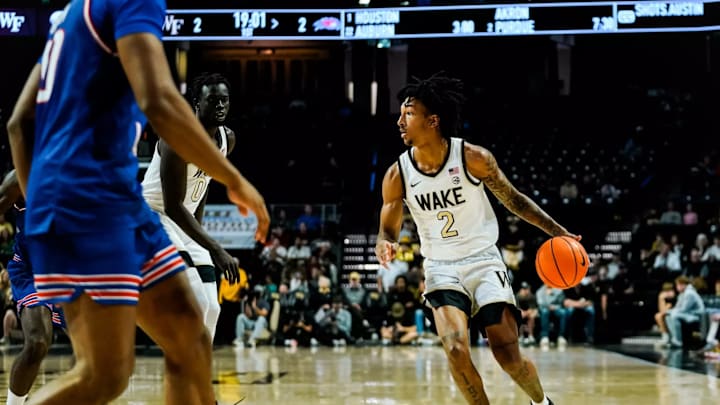 Wake Forest player Juke Harris dribbles ball against American 