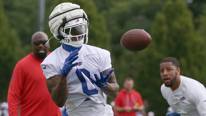 Bills wide receiver Keon Coleman pulls in a pass during day three of Buffalo Bills training camp at St. John Fisher University Friday, July 25, 2025 in Pittsford, NY.
