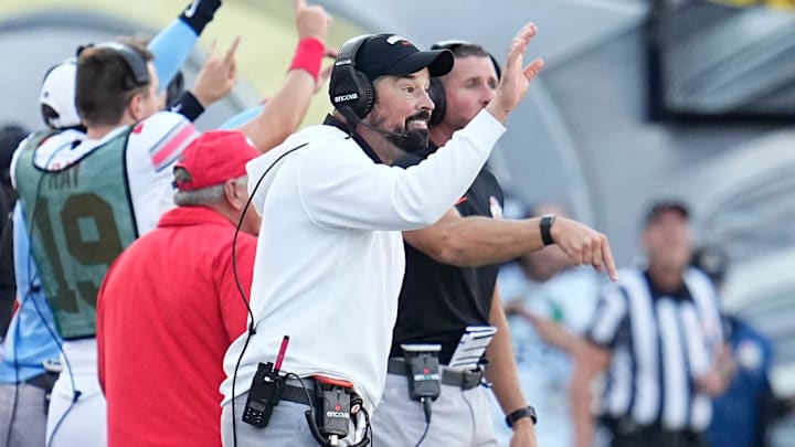 Oct 12, 2024; Eugene, Oregon, USA; Ohio State Buckeyes head coach Ryan Day motions during the first half of the NCAA football game against the Oregon Ducks at Autzen Stadium Oct 12, 2024; Eugene, Oregon, USA; Ohio State Buckeyes head coach Ryan Day motions during the first half of the NCAA football game against the Oregon Ducks at Autzen Stadium