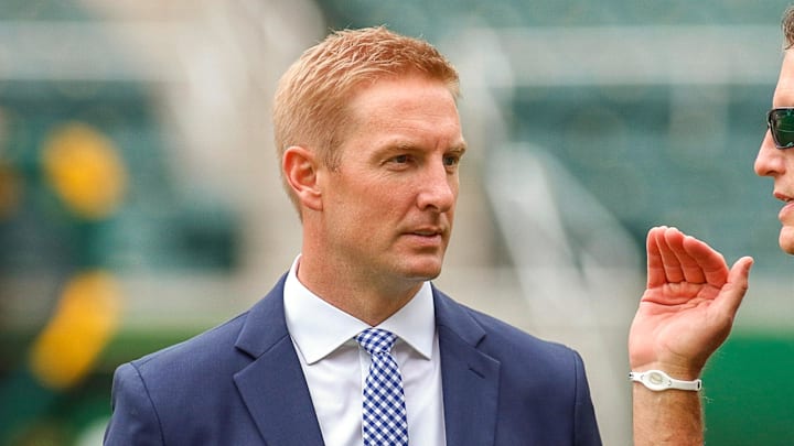 Nov 5, 2016; Waco, TX, USA;  Fox Sports analyst Joel Klatt and TCU Horned Frogs co-offensive coordinator Doug Meacham on the field prior to a game against the Baylor Bears at McLane Stadium. TCU won 62-22. Mandatory Credit: Ray Carlin-Imagn Images