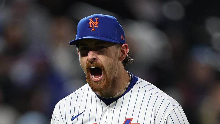 Apr 9, 2026; New York City, New York, USA; New York Mets pitcher Nolan McLean (26) celebrates after recording a strike out during the sixth inning against the Arizona Diamondbacks at Citi Field. Mandatory Credit: Vincent Carchietta-Imagn Images