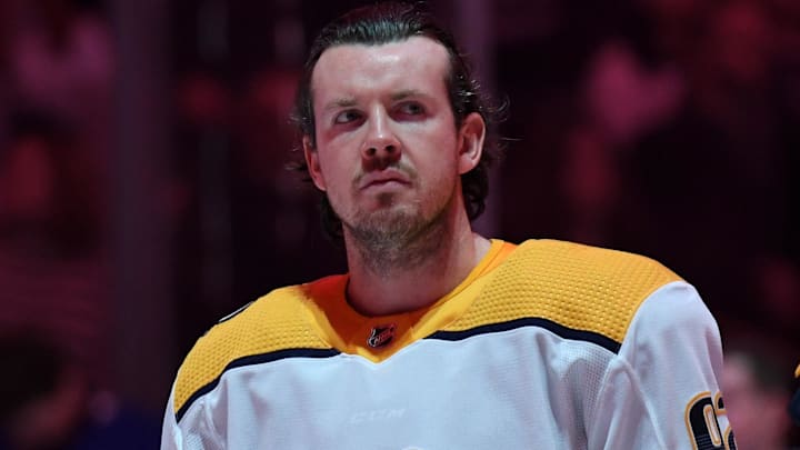 Jan 11, 2023; Toronto, Ontario, CAN;  Nashville Predators forward Ryan Johansen (92) stands during the national anthems before playing the Toronto Maple Leafs at Scotiabank Arena. Mandatory Credit: Dan Hamilton-Imagn Images