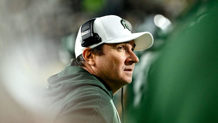 Michigan State's head coach Jonathan Smith looks on during the fourth quarter in the game against Iowa on Saturday, Oct. 19, 2024, at Spartan Stadium in East Lansing.