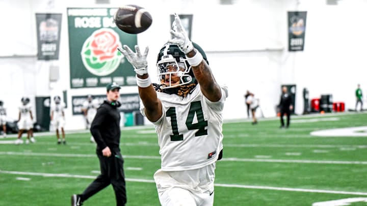 Michigan State's Bryson Williams catches a pass during spring football practice on Tuesday, March 24, 2026, in East Lansing.