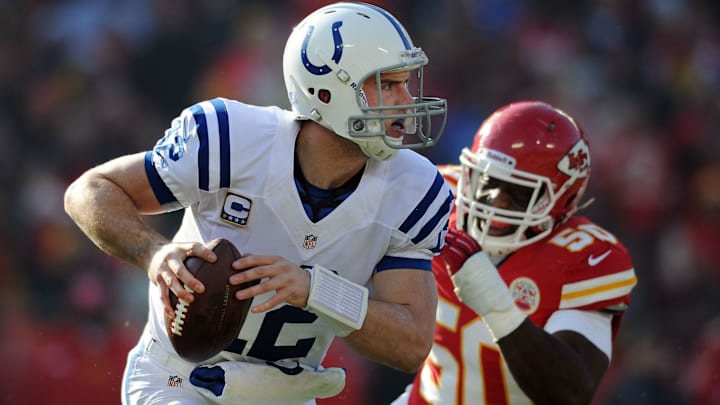 Indianapolis Colts QB Andrew Luck scrambled away from the threat of Kansas City Chiefs linebacker Justin Houston (50). Luck joined the Colts in 2012. He missed an entire season, and so far has 86 starts ahead of the 2019 season.

Spcolts24 12 189294 1