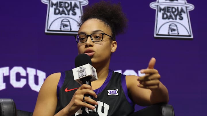 Oct 21, 2025; Kansas City, MO, USA; TCUís Olivia Miles speaks to media during Big 12 Womenís Basketball Media Day at T-Mobile Center. Mandatory Credit: Sophia Scheller-Imagn Images