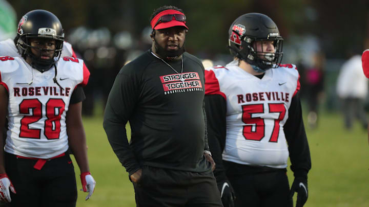 Roseville high school head coach Vernard Snowden talks to his team before action against Eastpointe on Friday, October 9, 2020.
Eastpointe Roseville high school head coach Vernard Snowden talks to his team before action against Eastpointe on Friday, October 9, 2020.
Eastpointe