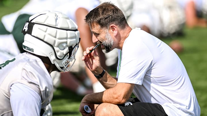 Michigan State's defensive coordinator Joe Rossi looks on during the first day of football camp on Tuesday, July 30, 2024, in East Lansing.