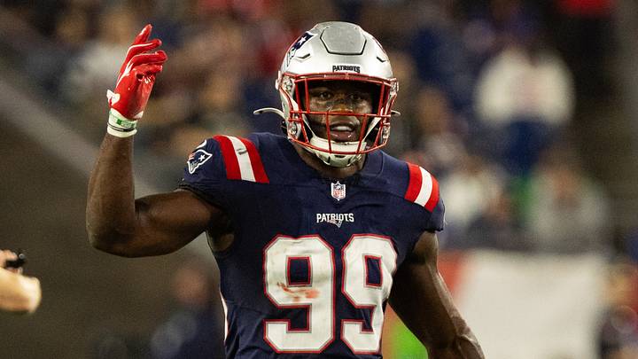 Aug 22, 2026; Foxborough, Massachusetts, USA;  New England Patriots linebacker Amari Gainer (99) celebrates in the second half against the Philadelphia Eagles at Gillette Stadium.  Mandatory Credit: Edward Finan-Imagn Images