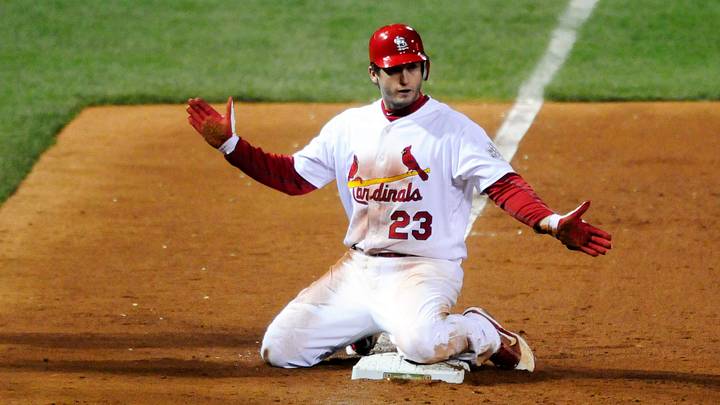 Oct 27, 2011; St. Louis, MO, USA; St. Louis Cardinals third baseman David Freese (23) reacts after hitting a RBI triple in the ninth inning in game six of the 2011 World Series against the Texas Rangers at Busch Stadium.  Mandatory Credit: Jeff Curry-USA TODAY Sports