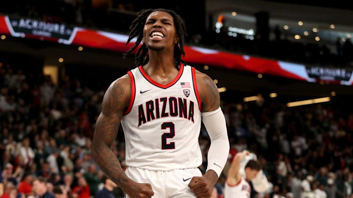 Arizona Wildcats guard Caleb Love (2) reacts during the first half of the first-ever Acrisure Classic against Michigan State in Palm Desert, Calif., on Thanksgiving Day, Nov. 23, 2023.