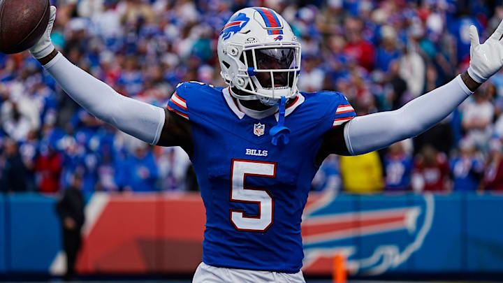 Bills Kaiir Elam celebrates his fumble recovery against Miami during second half action at Highmark Stadium.