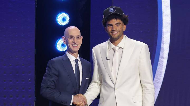 Jun 23, 2026; New York, NY, USA; NBA commissioner Adam Silver greets the third pick in the 2026 NBA draft, Duke forward Cameron Boozer after he was selected by the Memphis Grizzlies at Barclays Center. Mandatory Credit: Brad Penner-Imagn Images