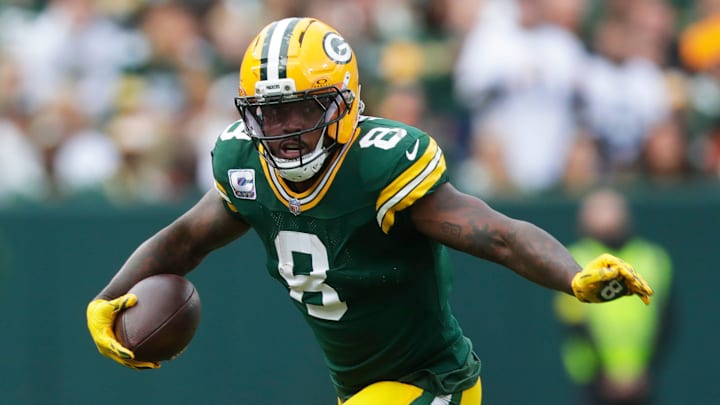 Green Bay Packers running back Josh Jacobs (8) runs the ball during a game against the Cincinnati Bengals on Oct. 12, 2025, at Lambeau Field in Green Bay, Wis. The Packers defeated the Bengals 27-18. Green Bay Packers running back Josh Jacobs (8) runs the ball during a game against the Cincinnati Bengals on Oct. 12, 2025, at Lambeau Field in Green Bay, Wis. The Packers defeated the Bengals 27-18.