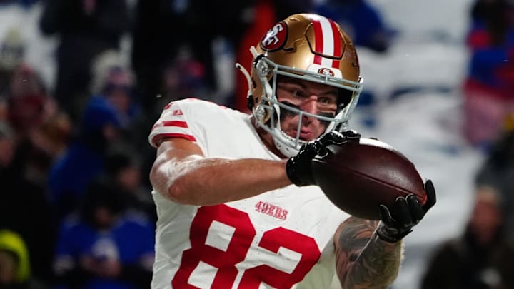 Dec 1, 2024; Orchard Park, New York, USA; San Francisco 49ers tight end Eric Saubert (82) warms up prior to the game against the Buffalo Bills at Highmark Stadium.