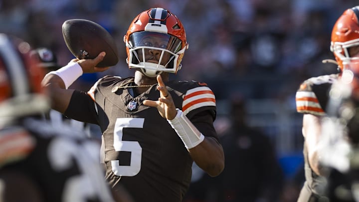 Oct 20, 2024; Cleveland, Ohio, USA; Cleveland Browns quarterback Jameis Winston (5) throws the ball during the fourth quarter against the Cincinnati Bengals at Huntington Bank Field.