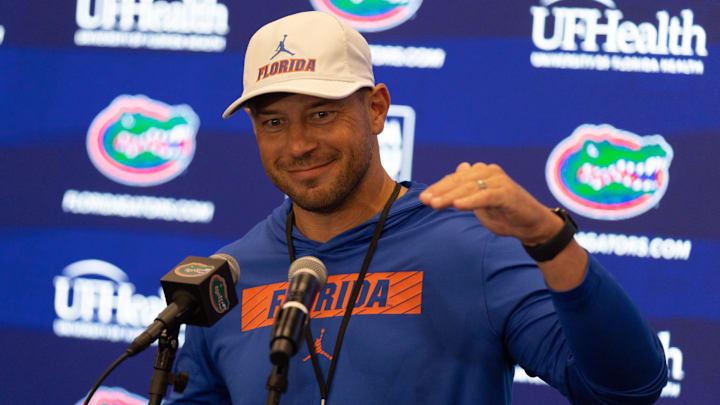 Florida head football coach Jon Sumrall speaks during a press conference after spring practice at Sanders Practice Fields in Gainesville, FL on Tuesday, March 24, 2026. [Alan Youngblood/Gainesville Sun]