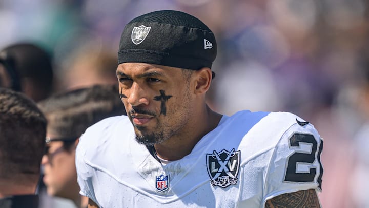 Sep 15, 2024; Baltimore, Maryland, USA; Las Vegas Raiders safety Isaiah Pola-Mao (20) looks on before the game against the Baltimore Ravens at M&T Bank Stadium. Mandatory Credit: Reggie Hildred-Imagn Images