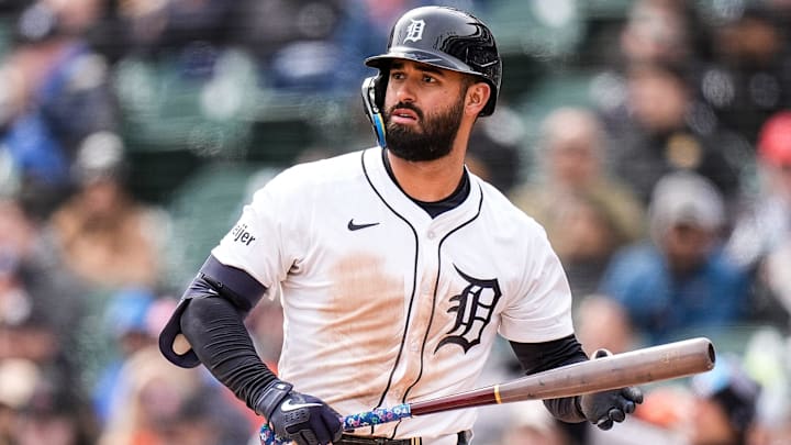 Detroit Tigers left fielder Riley Greene (31) reacts after striking out against the New York Yankees during the eighth inning at Comerica Park in Detroit on April 9, 2025.