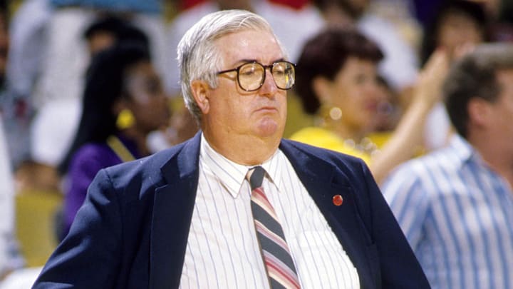Unknown date 1988; Los Angeles, CA, USA: FILE PHOTO; Utah Jazz head coach Frank Layden on the sideline against the Los Angeles Lakers at the Great Western Forum. Mandatory Credit: MPS-Imagn Images