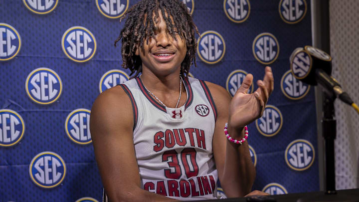 Oct 15, 2024; Birmingham, AL, USA; South Carolina Gamecocks forward Collin Murray-Boyles talks with the media during SEC Media Days at Grand Bohemian Hotel Oct 15, 2024; Birmingham, AL, USA; South Carolina Gamecocks forward Collin Murray-Boyles talks with the media during SEC Media Days at Grand Bohemian Hotel