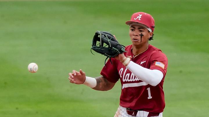 Alabama shortstop Justin Lebron makes a play for the Crimson Tide against Vanderbilt at Sewell-Thomas Stadium.