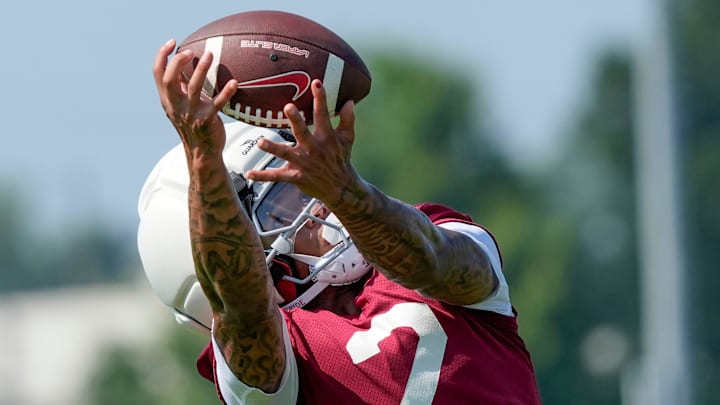 July 31, 2025; Tuscaloosa, AL, USA; Wide receiver Ryan Williams makes a catch during the second practice session of the preseason for the Alabama Crimson Tide. July 31, 2025; Tuscaloosa, AL, USA; Wide receiver Ryan Williams makes a catch during the second practice session of the preseason for the Alabama Crimson Tide.