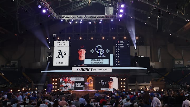 vc Jul 14, 2024; Ft. Worth, TX, USA; MLB Commissioner Rob Manfred announces Charlie Condon as the third pick during the first round of the MLB Draft at Cowtown Coliseum vc Jul 14, 2024; Ft. Worth, TX, USA; MLB Commissioner Rob Manfred announces Charlie Condon as the third pick during the first round of the MLB Draft at Cowtown Coliseum